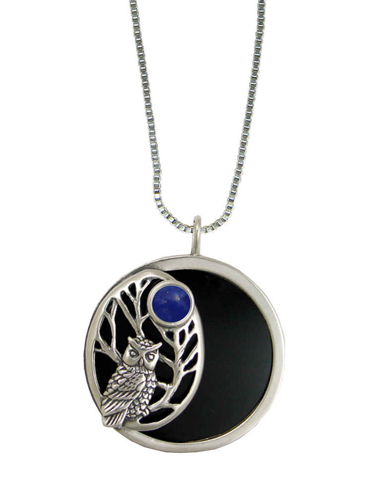 Sterling Silver Black Onyx Disc Wise Owl Pendant Necklace With Lapis Lazuli